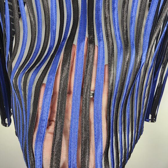 T&W Designs Women Jacket Full Zip Rosettes Striped Blue Black Sheer Long Sleeve - Picture 10 of 10